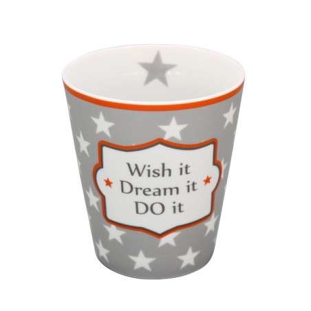Krus med tekst "Wish it dream it do it" i flot vintagestil 