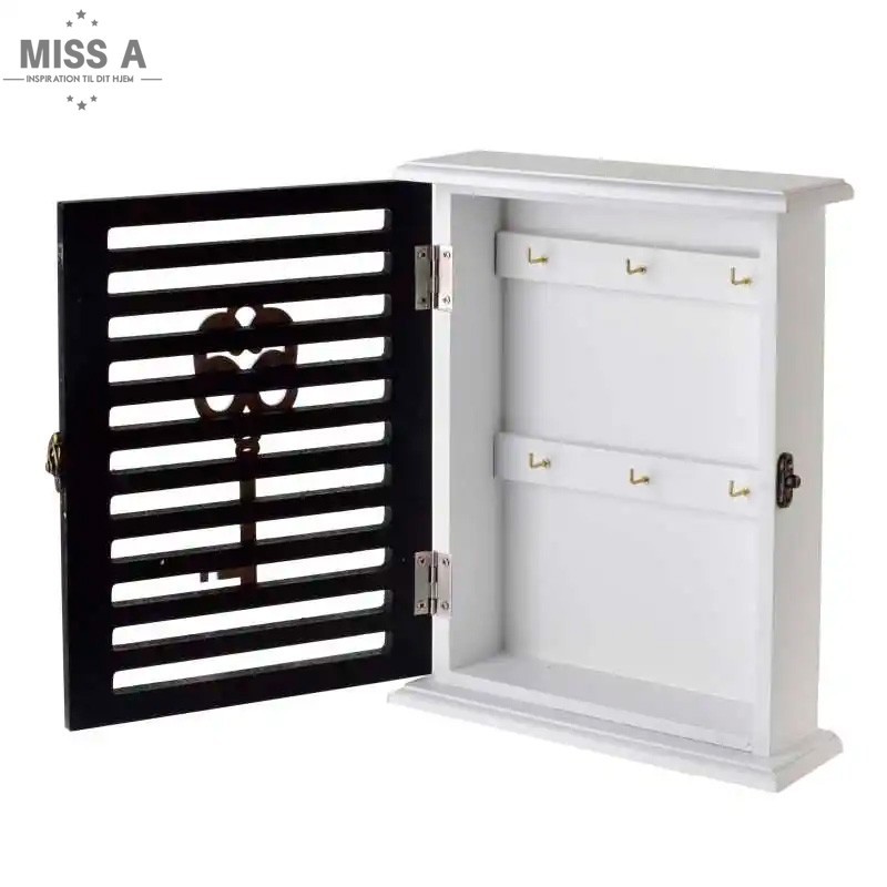 Nøgleskab hvidt og sort med kroge til 6 nøgler - åbent